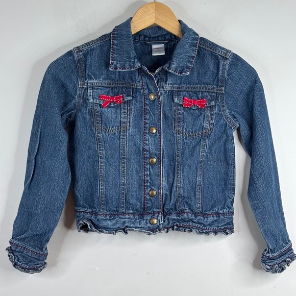 VTG Y2K Gymboree Embroidered Denim Jacket 9 Preppy Fall Classic Red Bows Ruffle - Picture 1 of 10